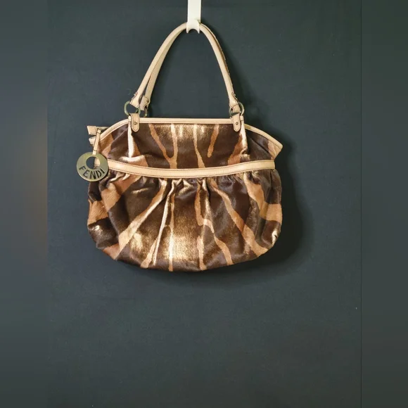 Fendi Vintage Rare Brown & Tan Pony fur Leather Hand Bag, Tiger Print - Picture 6 of 16